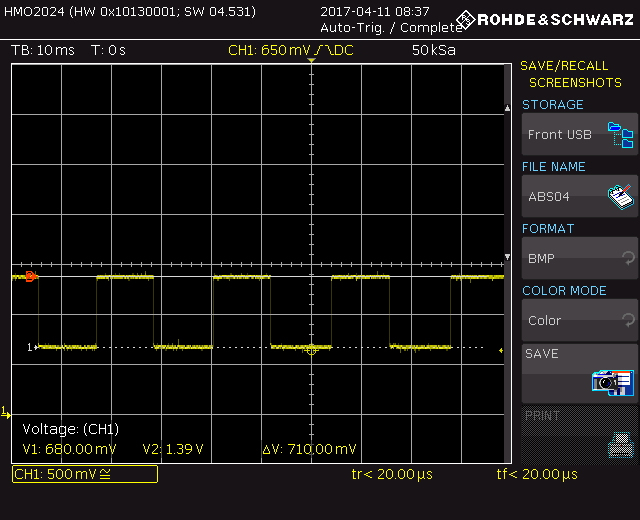 Oscilloscope capture of the motorcycle ABS wheel-speed sensor signal