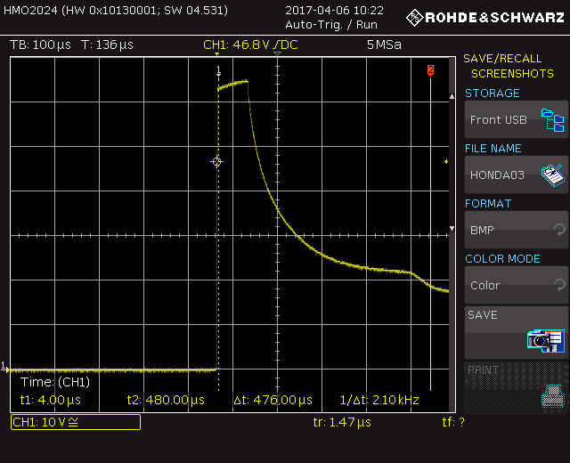 Oscilloscope capture of injector flyback when driven by the original Honda ECU